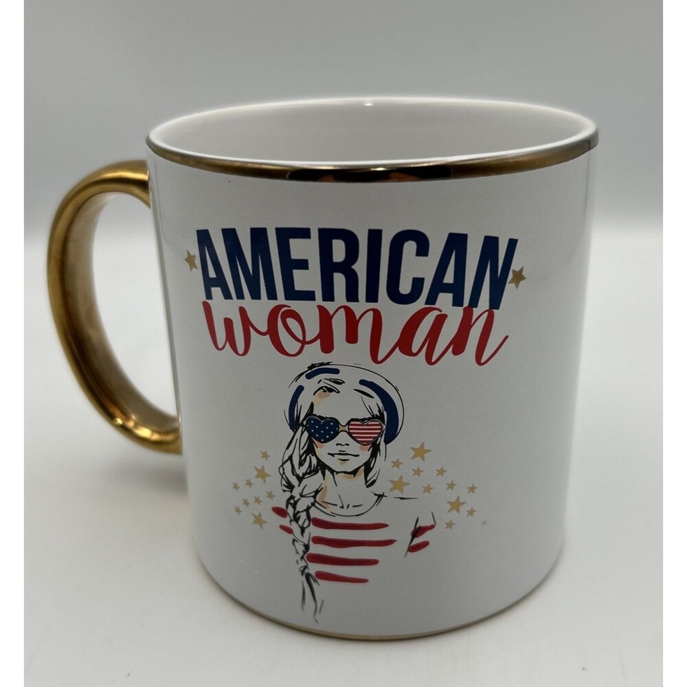 American Woman Flag White w/Gold Handle 16oz Large Coffee Mug Cup